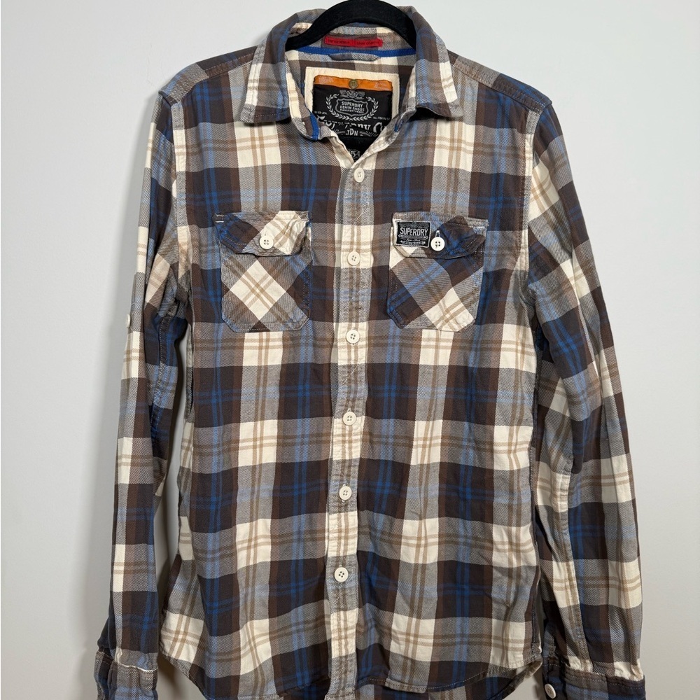 Superdry Japan Button Down Shirt Men's Medium Plaid Check Brown Blue Roll Tab